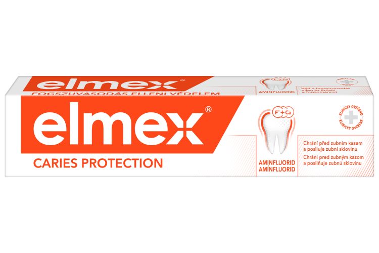 Balíček zubní pasty elmex s ochranou proti zubnímu kazu.