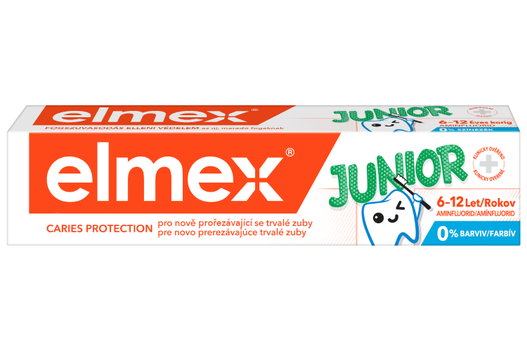 Balíček elmex Junior zubní pasty na ochranu před zubním kazem pro děti ve věku 6 až 12 let.