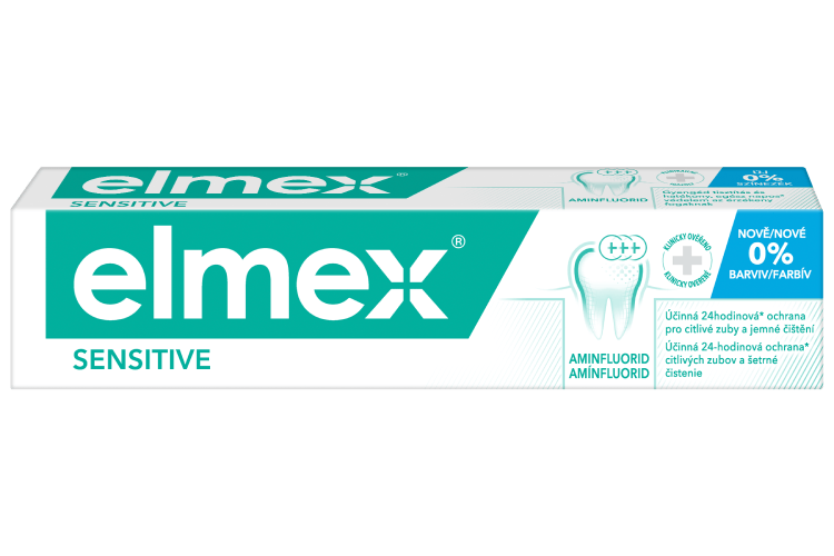Obal zubní pasty elmex Sensitive s aminfluoridem pro citlivé zuby.